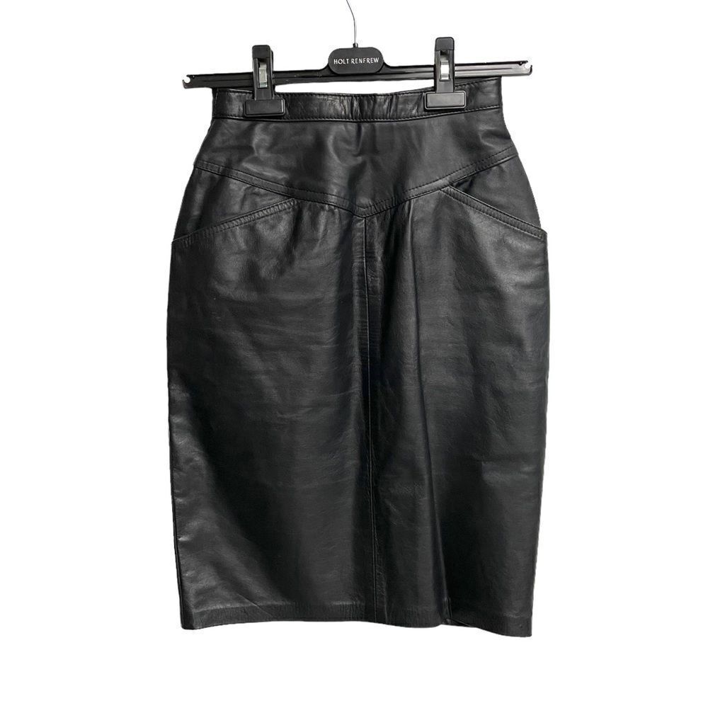 Vintage Leather High Waisted Knee Length Midi Pencil Skirt Black XS